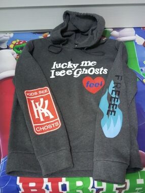 Lucky Me I See Ghosts Graphic Hoodie - Dark Gray with Red & Light Blue Prints